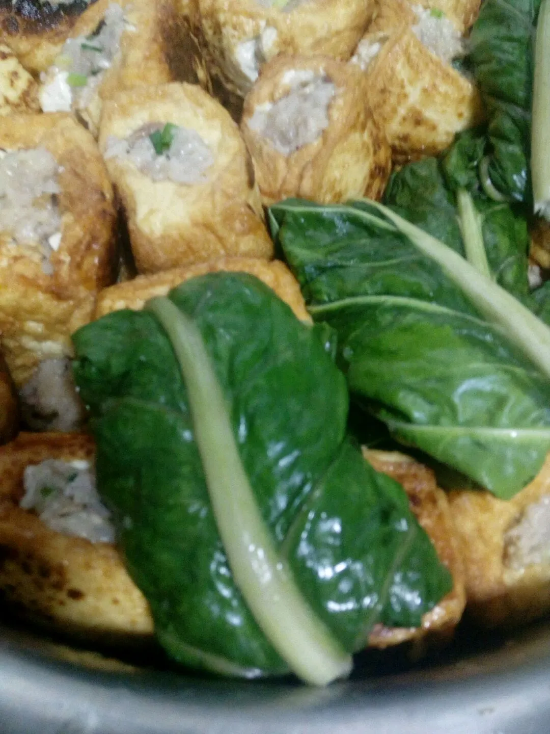 Stuffed Tofu with Pork and Pickled Greens