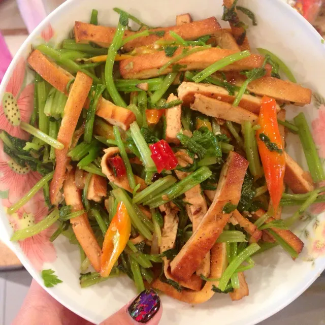 Celery and Bean Curd with Chinese Broccoli